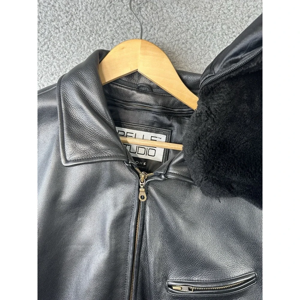 Wilsons Leather Pelle Studio Black Jacket Women L Removable Fur Collar Belted